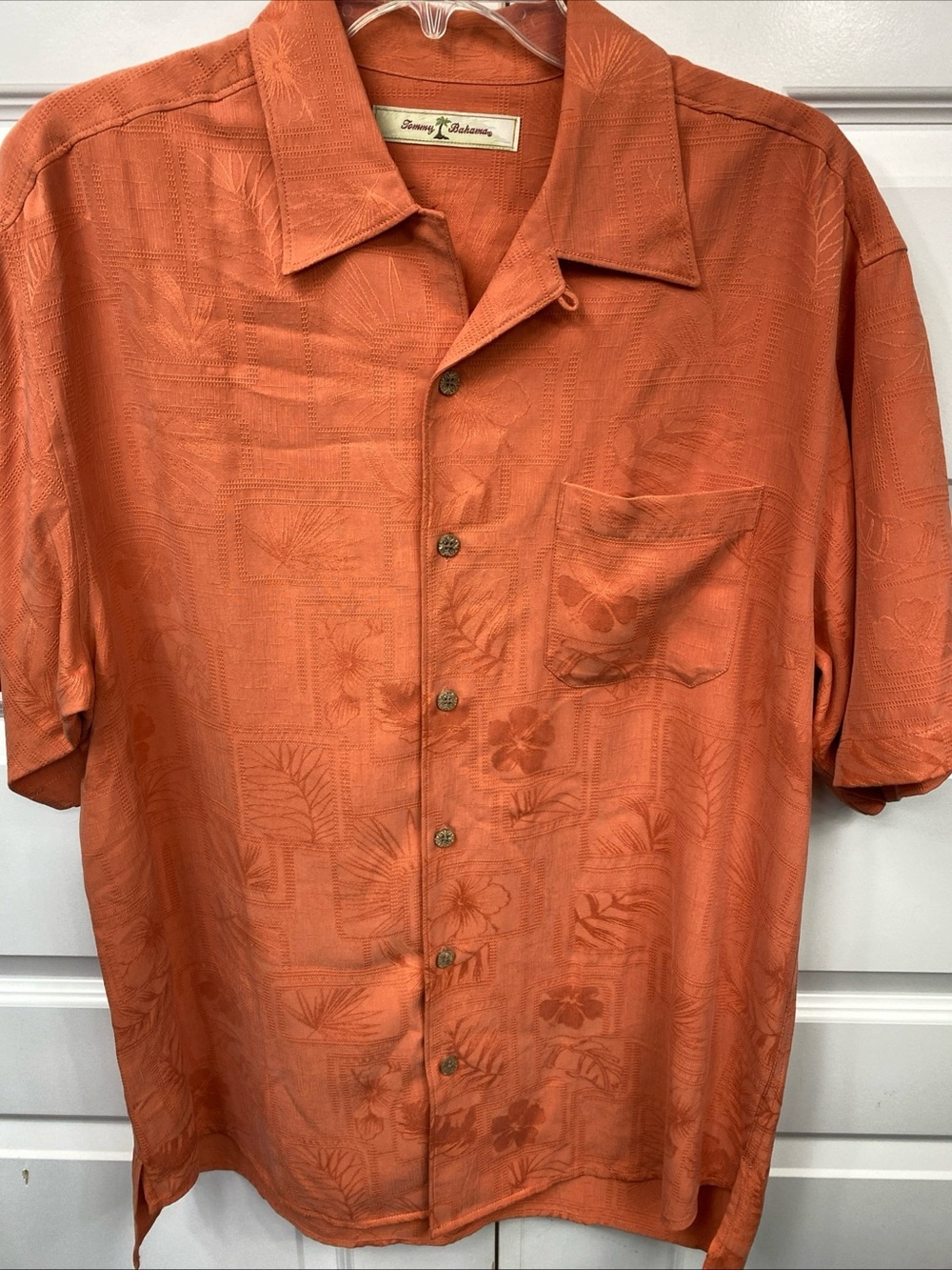 Tommy Bahama 100% Silk Camp Shirt Men Coral Orange Palm Jacquard Resort Medium